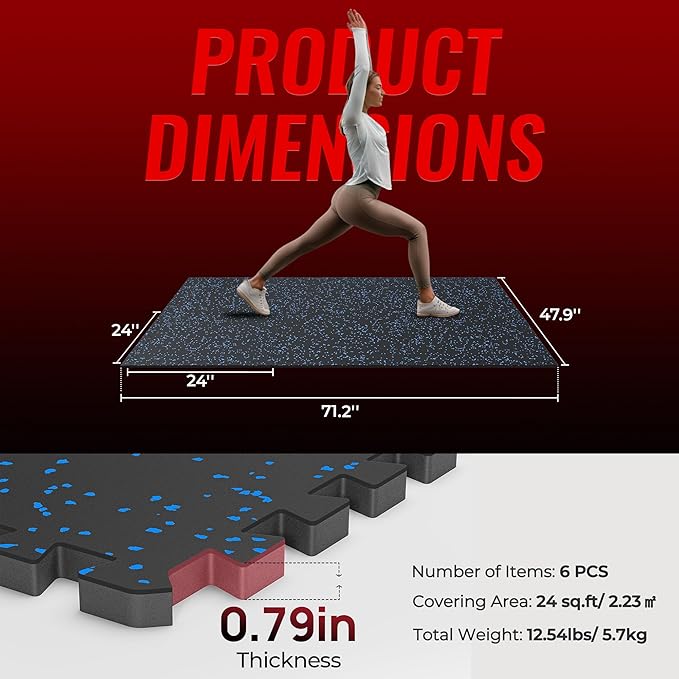 SUPERJARE 0.79'' Extra-Thick Exercise Equipment Mats, 6 Pcs 24 Sq Ft Rubber Top Floor Tiles with High Density EVA Foam, Interlocking Gym Flooring for Home Gym, Protective Workout Mat, Black/Blue