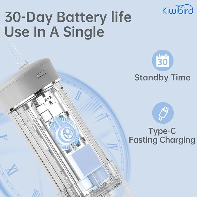 KIWIBIRD Mini Water Flosser for Travel, Ultra-Portable Cordless Oral Irrigator with UVC Light, IPX8 Waterproof 3 Modes, 230mL Teeth Cleaner for Tonsil Stones & Braces Care - Home & Travel (Grey)