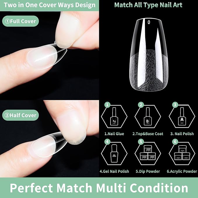 Medium Coffin Nail Tips, 216pcs Acrylic Ballerina Soft Fake Nails Gel Nail Tips, Full Cover Pre-Shaped Matte Clear Press on Nails for Extension, Diy at Home Manicure 12 Sizes