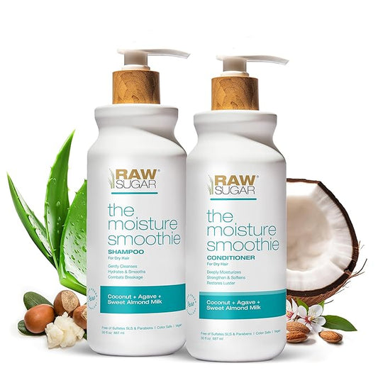 Raw Sugar Moisture Smoothie Shampoo and Conditioner Set, Moisturize & Nourish Dry Hair, Bulk Shampoo and Conditioner with Coconut Oil, Agave & Sweet Almond Oil, Formulated without Sulfates & Parabens