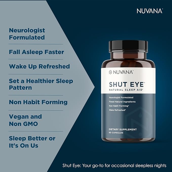 Shut Eye Natural Sleep Aid Supplement for Adults | 5mg Melatonin | Helps Relax and Promote Natural Deep Sleep with Valerian Root, Chamomile & Magnesium | Vegan & Non-GMO | 60 Capsules