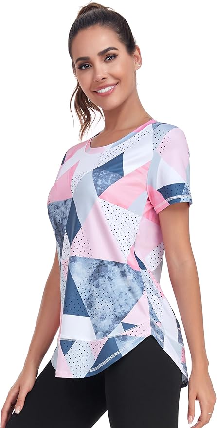 Women's Short Sleeve Workout Shirts Crewneck Sports Yoga Running Dry Fit Tops Side Split Tee