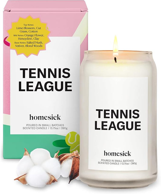 Homesick Scented Candles for Home (Tennis League) - 13.75 oz Long-Lasting Soy Wax Blend Jar Candle Gifts for Women & Men, 60-80 Hours Burn Time - Notes of Lime Blossom, Orange Flower, Salted Musk