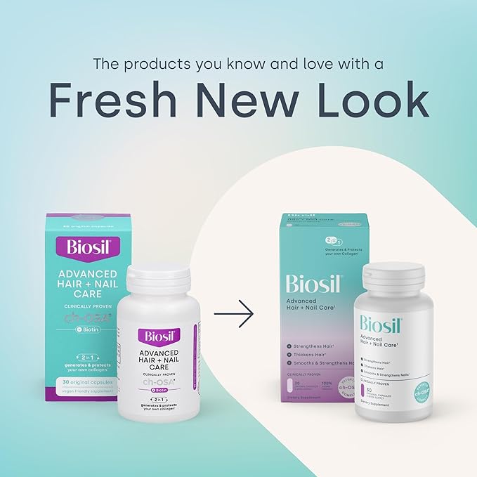 Biosil Advanced Hair + Nail Care - Growth Vitamins for Women - Strengthen & Thicken Strands - 120 Capsules - Patented ch-OSA - 60-Day Supply