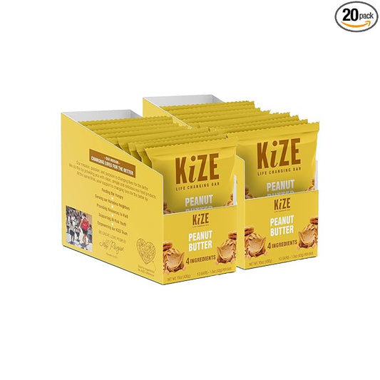 KiZE Energy Bars - Peanut Butter - 20-Count - Gluten Free, Non-GMO, and High Protein Meal Replacement Energy Bars, Clean and Simple Food Ingredients - 10g High Protein Snacks (20 Count)