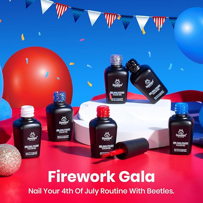 Beetles 4th of July Gel Nail Polish Set - 6 Colors Red White Navy Blue Gel Polish Sliver Glitter Gel Polish Soak Off Uv Nail Lamp for the 4th of July Nails Manicure DIY Nail Art Design Gift for Women