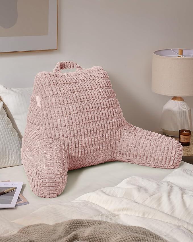 Blissful Diary Reading Pillow, Large Backrest Pillow with Shredded Memory Foam for Adult & Children, Designed for Bed and Couch Sitting Up, Includes Arms, Pockets and Washable Cover, Pale Pink