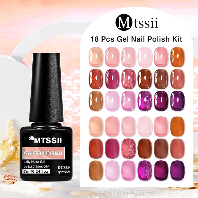 MTSSII Jelly Gel Nail Polish Set 18 Colors, Pink Red Purple Glitter Translucent Sheer Soak Off UV Gel for Nail Art DIY Manicure and Pedicure at Home