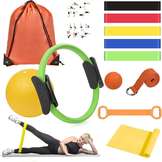 HASHMUST Pilates Ring Kit 12 PCS for Women, Home Workout Equipment with Magic Circle, Mini Exercise Ball, Resistance Bands, Massage Lacrosse, Yoga Strap, Full-Body Fitness Set for Toning & Gift