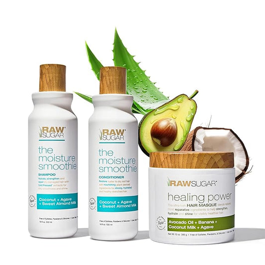Raw Sugar Moisture Smoothie + Hair Masque Bundle - Shampoo & Conditioner for Dry Damaged Hair, Sulfate & Paraben Free
