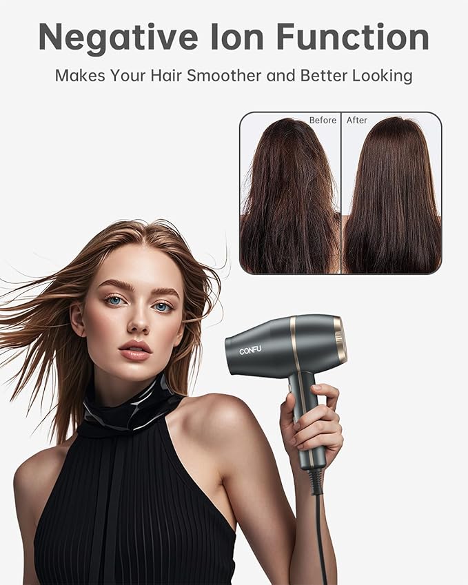 CONFU Hair Dryer, Hair Dryer with Diffuser 1875W, Negative Ionic Blow Dryer for Women & Men, Small Blow Dryer for HOM