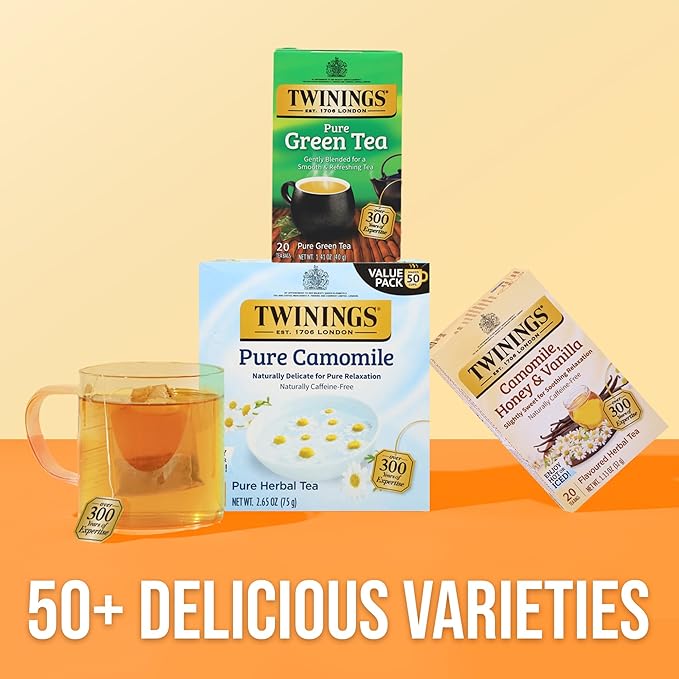 Twinings Pure Camomile Herbal Tea individually Wrapped Bags, 50 Count (Pack of 6), Naturally Caffeine-Free, Enjoy Hot or Iced, 300 Teabags