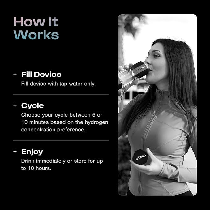 Echo Go+ Hydrogen Water Bottle - Hydrogen Infusion Technology - Rechargeable Water Bottle - SPE & PEM Purification - Active Hydration Support for Skin Health & Immune Function - 10 oz