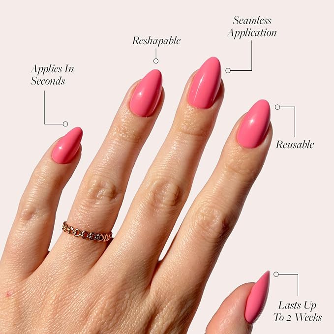 Glamnetic Press On Nails - Flamingo Pink | Opaque Classic Pink Short Almond Fake Nails, Salon Quality | 15 Sizes - 30 Nail Kit