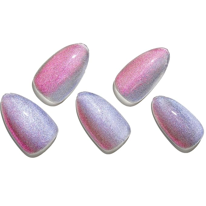 GLAMERMAID Pink Blue Magnet Cat Eyes Press on Nails Short Almond, Handmade Chameleon Gel Fake Nail Kit, Ombre Purple Glitter Magnetic Glue on Nail Stiletto, Medium Oval Stick False Nail Set for Women