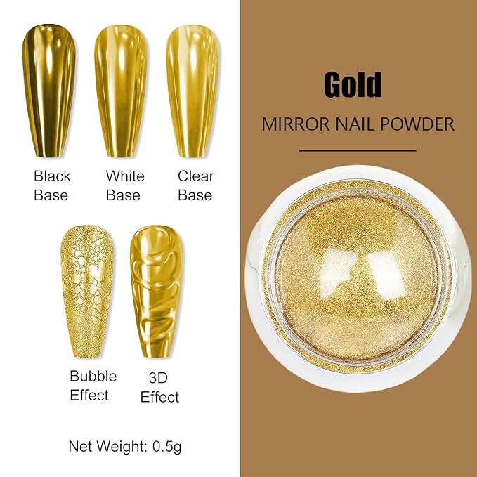 Gold Silver Chrome Nail Powder, Mirror Metallic Gel Chrome Powder Pigment for Nail Art Decoration