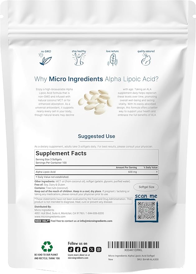 Micro Ingredients Alpha Lipoic Acid 600mg with MCT Oil, 300 Softgels | ALA Supplement for Liver, Antioxidants, Nerve, Cardiovascular Health Support | Non-GMO, Gluten-Free, Soy-Free
