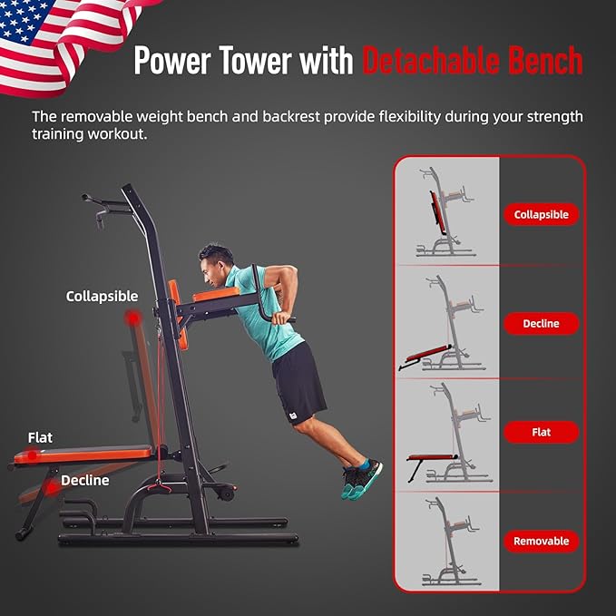 HARISON Multifunction Power Tower with Bench, Heavy Duty Pull Up Bar Dip Station for Home Gym Workout Strength Training Fitness Equipment