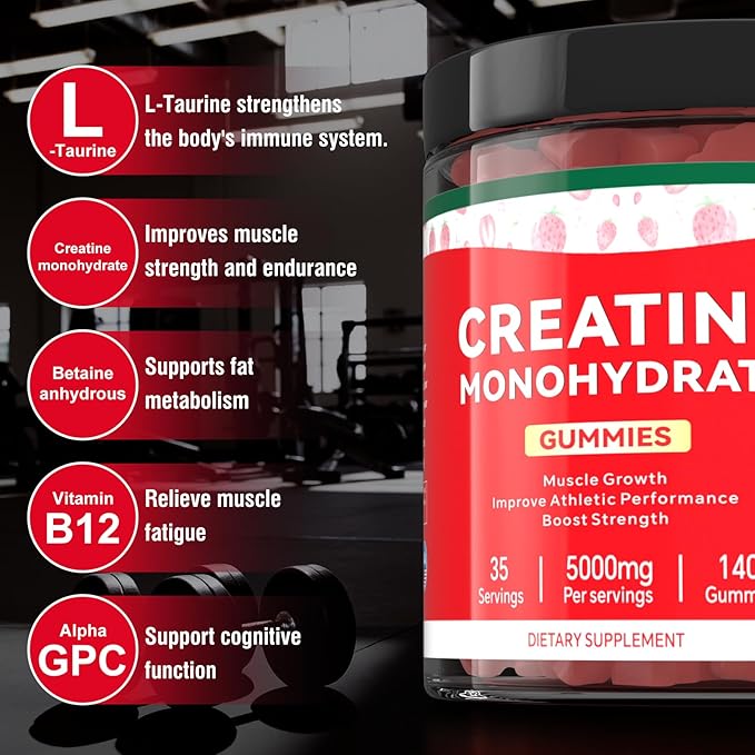Creatine Monohydrate Gummies for Men & Women, 140 Gummies, Strength and Endurance Enhancing Creatine Chews, Gluten Free, Sugar Free, Strawberry Flavor
