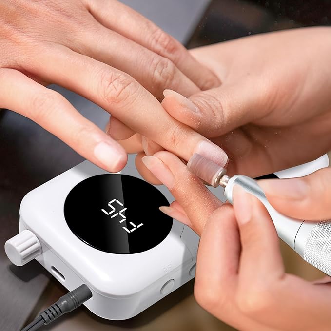 LIMEGIRL Professional Electric Nail Drill Kit 45000RPM Portable Cordless Toenail Cordless Toenail Machine with 14 Drill Bits and Base for Women (White)