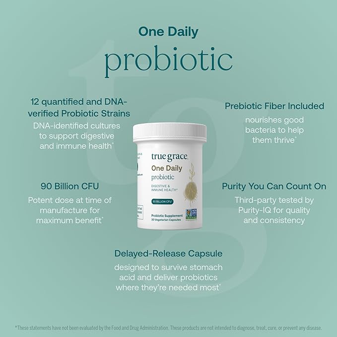 True Grace One Daily Probiotic - 30 Vegetarian Capsules - 90 Billion CFU - Gut, Digestive & Immune Health Support Blend with Prebiotic Fiber - Gluten & Soy Free