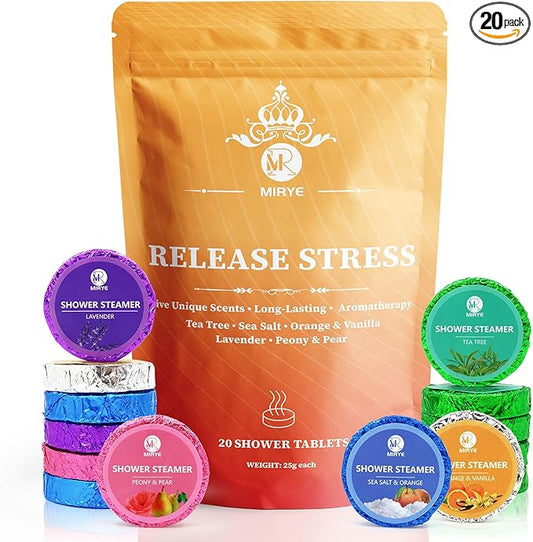 Shower Steamers Aromatherapy, Christmas Gifts for Women and Men, 20-Pack Organic Shower Bombs with Essential Oil, Tea Tree, Orange & Vanilla, Sea Salt, Lavender, Peony & Pear Bath Tablets