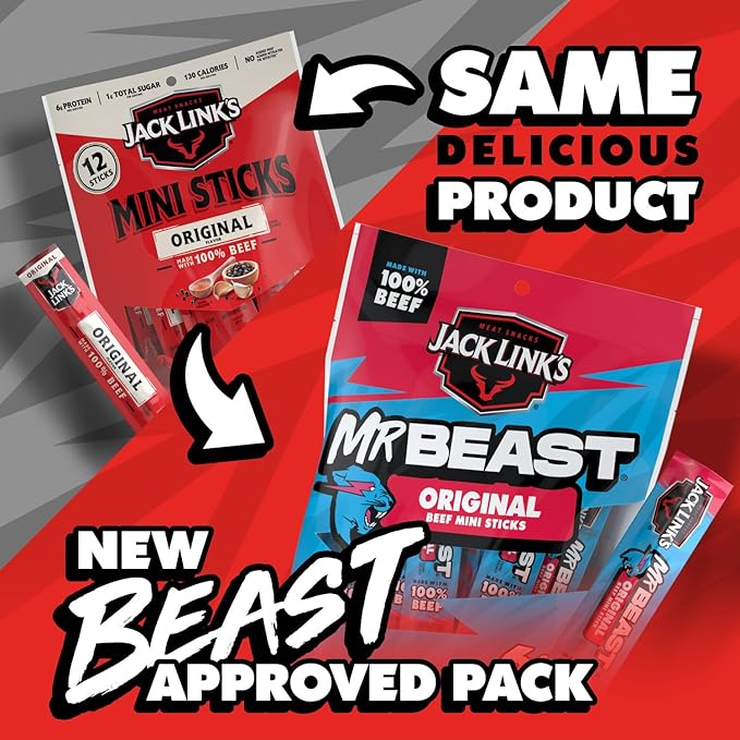 Jack Link’s x MrBeast Original Mini Beef Sticks – 6g Protein per Serving, Individually Wrapped Meat Snacks, Made with 100% Real Beef, Pantry-Ready, Kids Snacks, 0.5oz (12 Count)