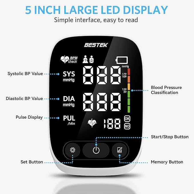 BESTEK Blood Pressure Monitor, Automatic Arm Blood Pressure Monitors for Home Use, Digital Large LED Voiced Broadcast BP Cuff Comfortable and Portable for Home Travel (9"-17" Adjustable)