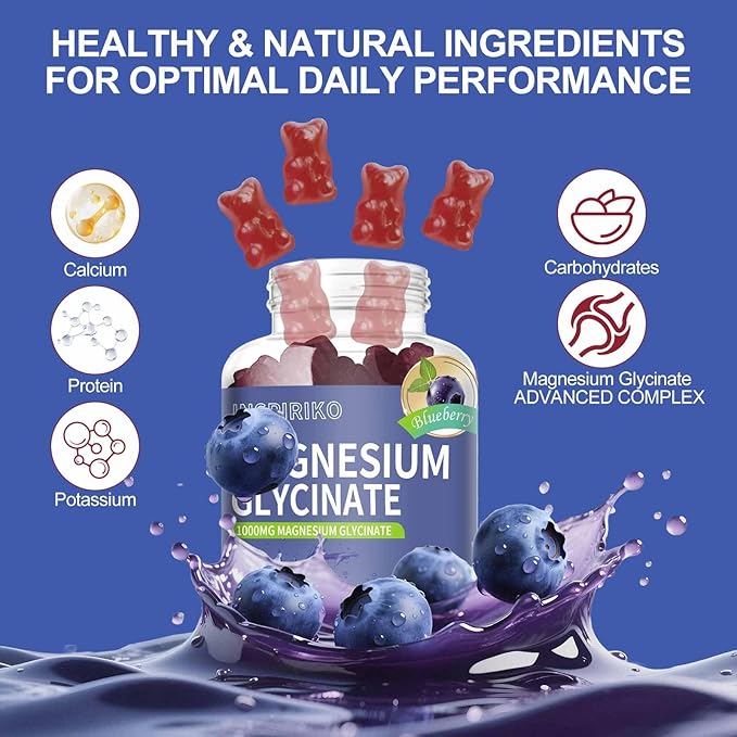 Magnesium Glycinate Gummies 1000mg - Sugar-Free Magnesium Potassium Supplement with Vitamin D, B6, CoQ10 for Adults & Kids,High Absorption for Calm Mood & Sleep Support - 60 Blueberry Gummies