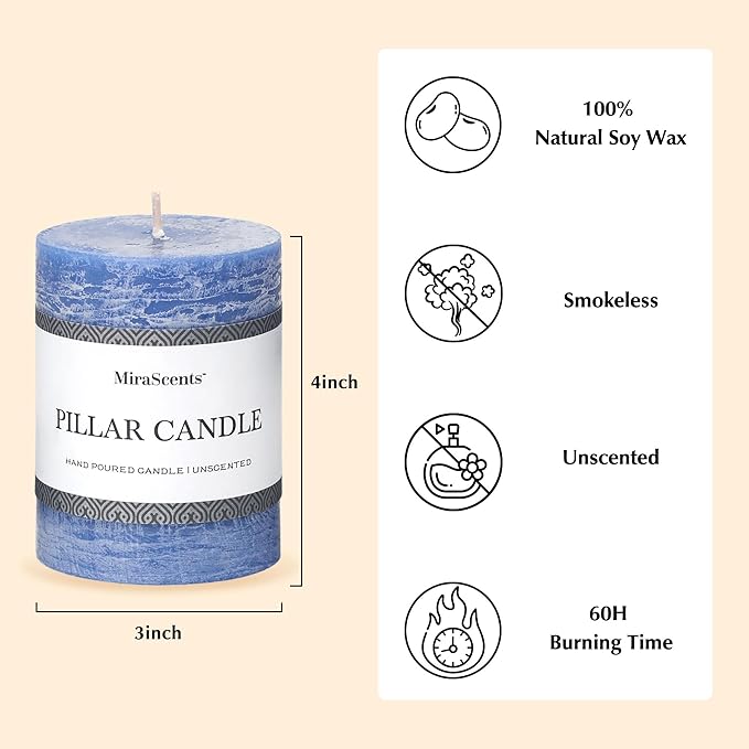 3x4 Inch Blue Pillar Candles Set of 3 - Hand-Poured Unscented Candles, Long Clean Burning, Large Big Candle, Smokeless Dripless Candle for Dinner Table, Wedding, Home, Bathroom, Rustic Decor