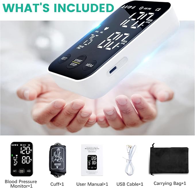 Oklar Blood Pressure Monitor Upper Arm Monitors for Home Use BP Machine Sphygmomanometer with 2x120 Reading Memory Adjustable Arm Cuff 8.7"-15.7" Large Display with LED Background Light Storage Bag