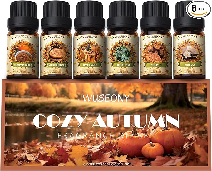 Fall Essential Oil for Diffusers, Autumn Fragrance Oil Set, Aromatherapy Oils Gift Set for Candle Soap Making - Apple Cider, Nutmeg, Snickerdoodle, Vanilla, Forest Pine, Pumpkin Spice, 6x10ml