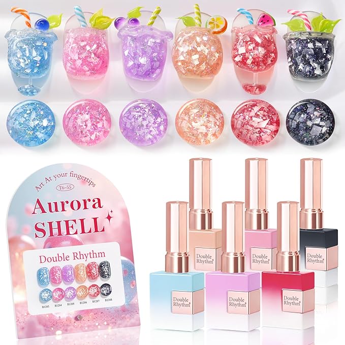 Double Rhythm 0.5 Oz Glitter Gel Polish Set of 6 Color with Display Borad 15 ml Full Size Kit Shimmer Reflective Sparkle Soak Off Manicure Salon DIY at Home (Black Red Pink Blue Orange Purple-T6-55)