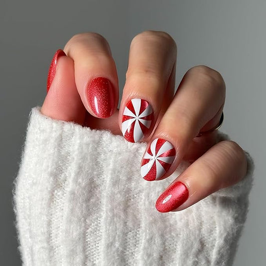 Glamnetic Press On Nails - Candy Crush | Short Oval Fake Nails with Candy Cane Swirl Design in a Velvet Finish, Salon Quality Holiday Nails | 15 Sizes - 30 Nail Kit with Glue