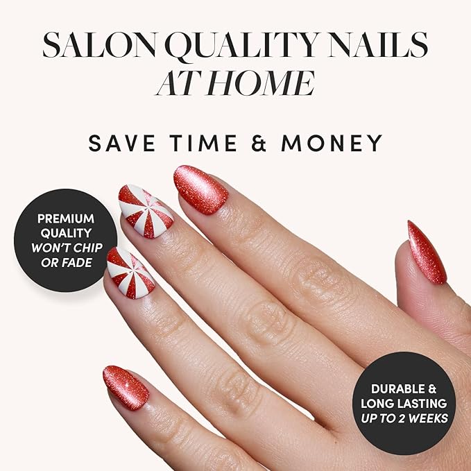 Glamnetic Press On Nails - Candy Crush | Short Oval Fake Nails with Candy Cane Swirl Design in a Velvet Finish, Salon Quality Holiday Nails | 15 Sizes - 30 Nail Kit with Glue