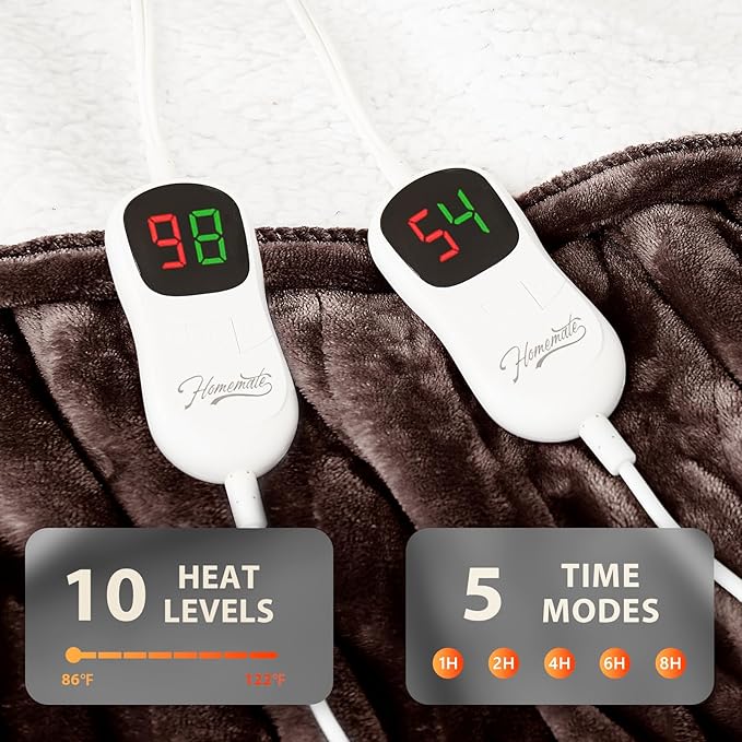 Homemate Electric Heated Blanket King - 100"x90" Heating Bed Blankets Throw with 10 Heating Levels 8 Hours Auto Off Fast Heating Over-Heated Protection Ultra Soft Warm Flannel ETL Certified Brown