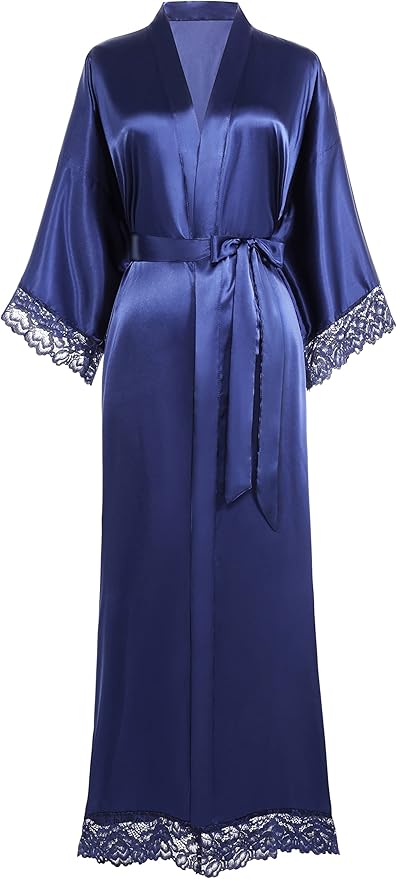 BABEYOND Satin Kimono Robe Silky Long Bridesmaid Wedding Lightweight Bath Robe with Lace Trim