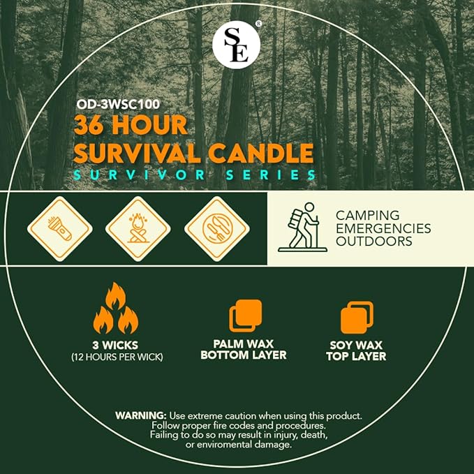 SE 3-Wick Emergency Candle, 36 Hours Long Burning, Top Layer Soy Wax, Great Light Source Gear for Survival, Camping, Blackout & Peace of Mind