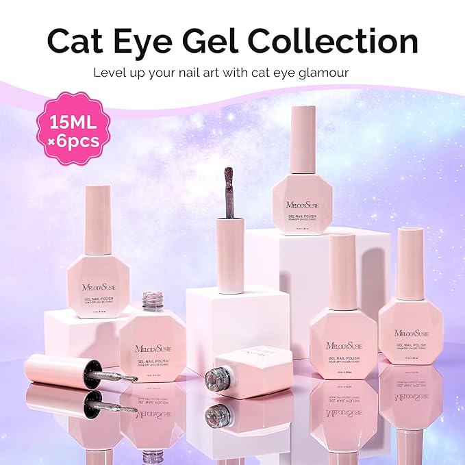MelodySusie Glitter Cat Eye Gel Nail Polish Set 6 PCS, 15ml 0.5 Fl Oz Holographic Magnetic Nail Polish with Magnet, UV Nail Polish for Nail Art Manicure Salon DIY at Home