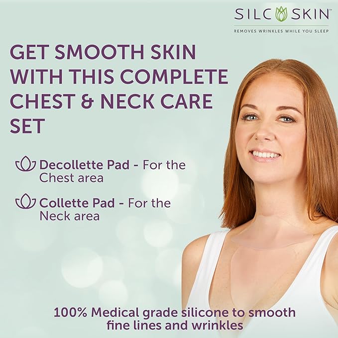 Silc Skin Complete Chest And Neck Care Set With Decollette And Collette Pads, Reusable Medical Grade Silicone For Sleep Lines, Holiday Anti Wrinkle Gift Set For Her, 30 Day Supply