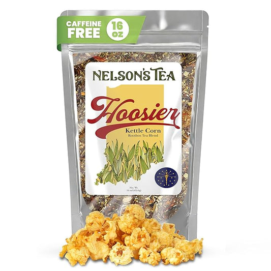 Nelson's Tea Hoosier Kettle Corn - Cut & Sifted, Caffeine Free Loose Leaf Tea with Sweet and Spicy Blend of Green Rooibos, Honeybush, Caramel, Corn, Safflower, Toasted Coconut, Marigold (16 oz)