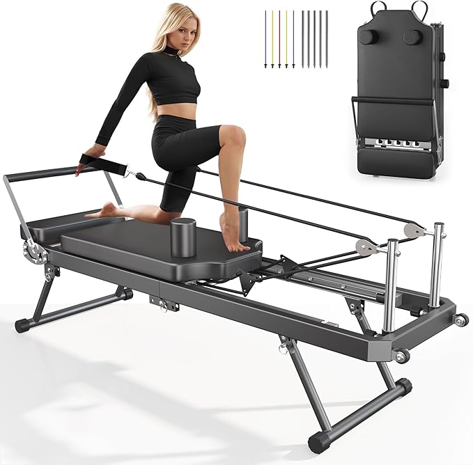 DlandHome Pilates Reformer, Foldable Pilates Reformer Machine with Springs & Resistance, Suitable for Advanced and Beginners Users Adjustable Pilates Equipment for Full-Body Home Workout Up to 330 lbs