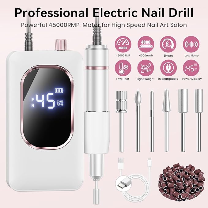 Professional Electric Nail Drill 45000RPM, Portable Nail File for Acrylic Gel Nails, Cordless Rechargeable Salon-Grade Ultra Power Nail Drill Kit for Shaping, Polishing & Removing Gel Nails