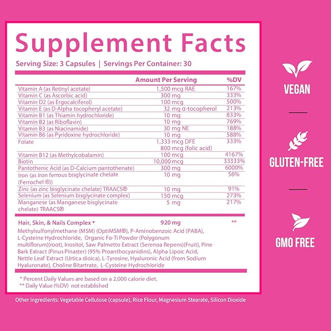 GOBIOTIX Hair Skin and Nails Vitamin Supplement - 10000mcg Biotin Pills with Hyaluronic Acid, Folate, Iron, Magnesium, and Zinc - Collagen Production, Hair Growth - 60 Servings