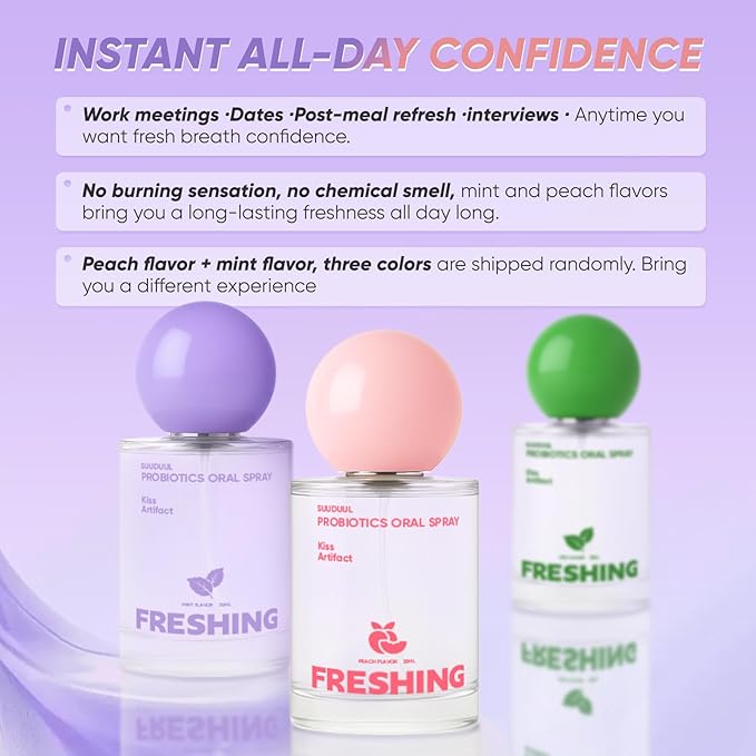 Probiotic Oral Spray, Mint & Peach Flavor Combo, Breath Spray with Prebiotics and Probiotics, Long-Lasting Freshness, Alcohol-Free, Convenient Travel-Sized, 25ml/0.85oz