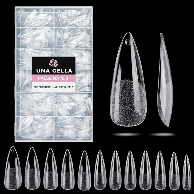 UNA GELLA Long Stiletto Gel Nail Tips Halloween Full Cover 504PCS Pre-shape Long Stiletto Almond Fake Clear Nails Tips No Need File Gel Tips No C Curve for Nail Extension DIY Art Salon 12 Sizes