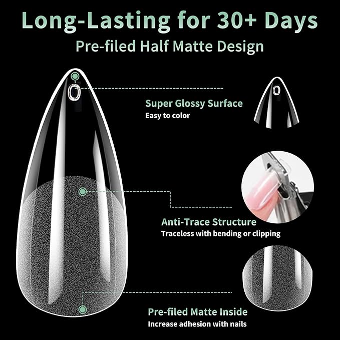 Medium Stiletto Nail Tips, 216pcs Acrylic Soft Fake Nails Gel Nail Tips, Full Cover Pre-Shaped Matte Clear Press on Nails for Extension, Diy at Home Manicure 12 Sizes