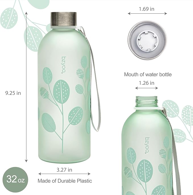 bzyoo 32oz 1 Liter Clear Water Bottle with Time Marker, Leaf Design, Durable Plastic, BPA-Free, Reusable with Measurement Markings for Fitness and Outdoor Activities (Color: Green)