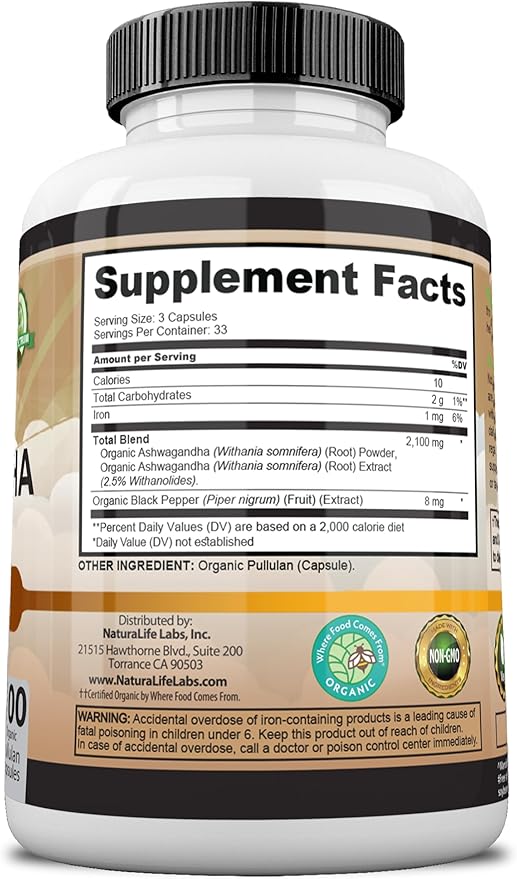 Organic Ashwagandha 2,100 mg - 100 Veggie Capsules Pure Organic Ashwagandha Powder and Root Extract - Stress Relief, Mood Enhancer