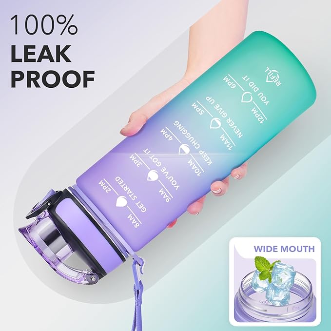 Enerbone Water Bottle, Leakproof BPA & Toxic Free, Motivational Water Bottle with Times to Drink and Straw, Fitness Sports Water Bottle with Strap for Office, Gym, Outdoor Sports
